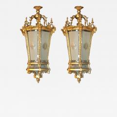 Pair of Louis XVI Style Monumental Dore Bronze Rams Head Etched Glass Lanterns - 2930655