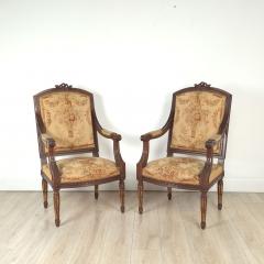 Pair of Louis XVI Style Walnut Armchairs with Aubusson Tapestry France  - 4141369