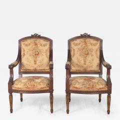 Pair of Louis XVI Style Walnut Armchairs with Aubusson Tapestry France  - 4142875
