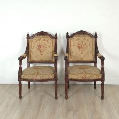 Pair of Louis XVI Style Walnut Beech Part Gilt Armchairs - 4153061