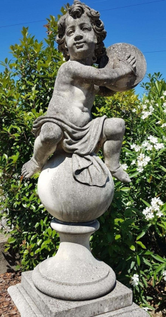 Pair of Lovely Italian Putto Stone Garden Statues Representing Musicians - 1636852