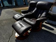 Pair of MCM Swedish Brown Leather Swivel Lounge Chairs w Ottomans - 4516499