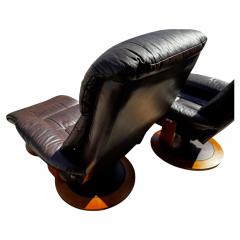 Pair of MCM Swedish Brown Leather Swivel Lounge Chairs w Ottomans - 4516529