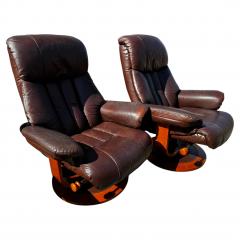 Pair of MCM Swedish Brown Leather Swivel Lounge Chairs w Ottomans - 4516530