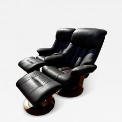 Pair of MCM Swedish Brown Leather Swivel Lounge Chairs w Ottomans - 4521910