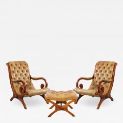 Pair of Mahogany Campaign Style Lounge Chairs Ottoman - 1407611