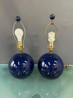 Pair of Mar Kel Lighting Spherical Blue Glazed Ceramic Lamps Mid Century - 3947306