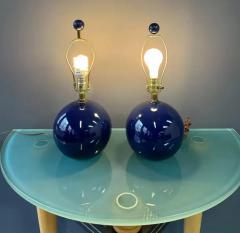 Pair of Mar Kel Lighting Spherical Blue Glazed Ceramic Lamps Mid Century - 3947363