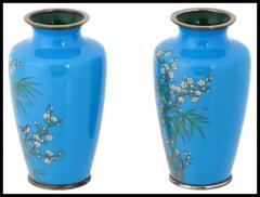 Pair of Meiji Japanese Cloisonne Turquoise Enamel Silver Birds In Bamboo Vases - 3904125