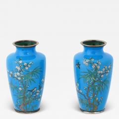 Pair of Meiji Japanese Cloisonne Turquoise Enamel Silver Birds In Bamboo Vases - 3934366