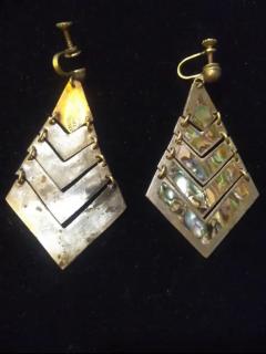 Pair of Mexican Silver TFV Pyramid Earrings with Abalone Accents - 3820795