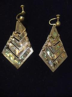 Pair of Mexican Silver TFV Pyramid Earrings with Abalone Accents - 3820798