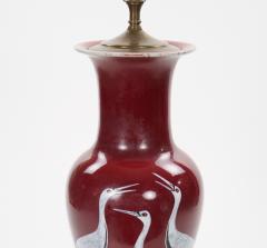 Pair of Mid 20th Century Burgundy Red Ceramic Chinoiserie Heron Table Lamps - 4796618