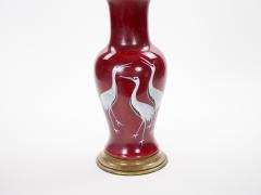 Pair of Mid 20th Century Burgundy Red Ceramic Chinoiserie Heron Table Lamps - 4796620