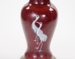 Pair of Mid 20th Century Burgundy Red Ceramic Chinoiserie Heron Table Lamps - 4796621