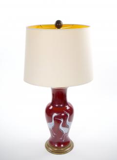 Pair of Mid 20th Century Burgundy Red Ceramic Chinoiserie Heron Table Lamps - 4796623