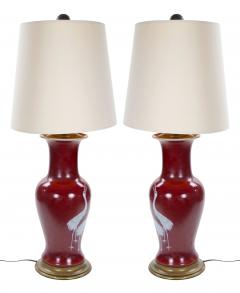 Pair of Mid 20th Century Burgundy Red Ceramic Chinoiserie Heron Table Lamps - 4796628