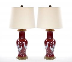 Pair of Mid 20th Century Burgundy Red Ceramic Chinoiserie Heron Table Lamps - 4796629
