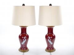 Pair of Mid 20th Century Burgundy Red Ceramic Chinoiserie Heron Table Lamps - 4796630