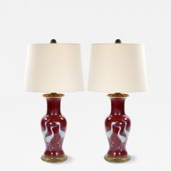 Pair of Mid 20th Century Burgundy Red Ceramic Chinoiserie Heron Table Lamps - 4796854
