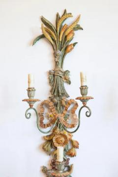 Pair of Mid 20th Century Italian Carved Wood Sconces with Wheat and Floral Motif - 4116957