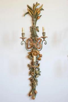 Pair of Mid 20th Century Italian Carved Wood Sconces with Wheat and Floral Motif - 4116979