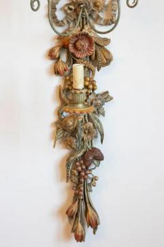 Pair of Mid 20th Century Italian Carved Wood Sconces with Wheat and Floral Motif - 4116980