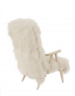 Pair of Mid Century 1950s White Shag Lambs Wool Upholstered High Back Armchairs - 424965
