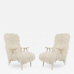 Pair of Mid Century 1950s White Shag Lambs Wool Upholstered High Back Armchairs - 425586