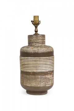 Pair of Mid Century American Ceramic Texture Banded Brown and Beige Table Lamps - 4162578