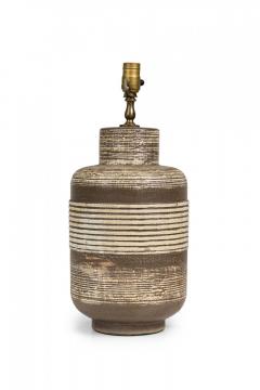 Pair of Mid Century American Ceramic Texture Banded Brown and Beige Table Lamps - 4162579