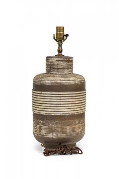 Pair of Mid Century American Ceramic Texture Banded Brown and Beige Table Lamps - 4162580