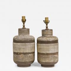 Pair of Mid Century American Ceramic Texture Banded Brown and Beige Table Lamps - 4167780