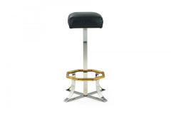 Pair of Mid Century American Polished Chrome Brass and Black Leather Barstools - 4172409