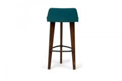 Pair of Mid Century American Triangular Blue Vinyl Upholstered Wood Bar Stools - 4172417