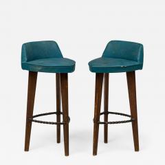 Pair of Mid Century American Triangular Blue Vinyl Upholstered Wood Bar Stools - 4219572