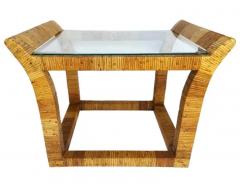 Pair of Mid Century Boho Modern Rectangular Rattan and Glass Side or End Tables - 3433247