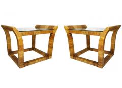Pair of Mid Century Boho Modern Rectangular Rattan and Glass Side or End Tables - 3433252