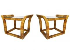 Pair of Mid Century Boho Modern Rectangular Rattan and Glass Side or End Tables - 3433404