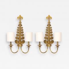 Pair of Mid Century Brass Two Arm Sconces w Sculptural Volute Motif - 4792979
