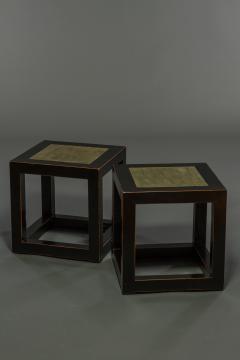 Pair of Mid Century Chinese Black Lacquer Cube Stone Top Tables - 1662886