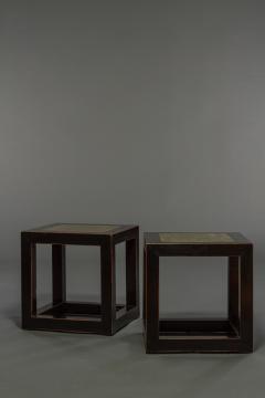 Pair of Mid Century Chinese Black Lacquer Cube Stone Top Tables - 1662896