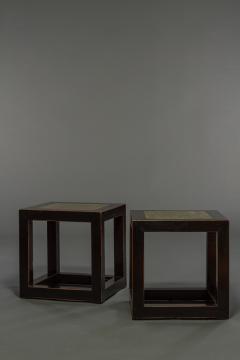 Pair of Mid Century Chinese Black Lacquer Cube Stone Top Tables - 1662896