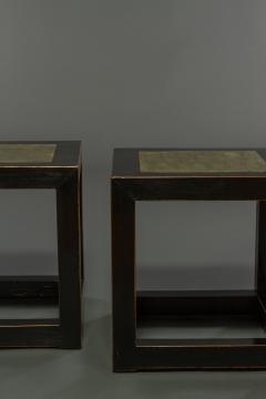 Pair of Mid Century Chinese Black Lacquer Cube Stone Top Tables - 1662897