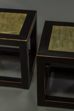 Pair of Mid Century Chinese Black Lacquer Cube Stone Top Tables - 1662900