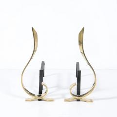 Pair of Mid Century Curvilinear Polished Brass Andirons with Gunmetal Fittings - 4720032