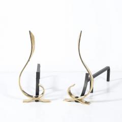 Pair of Mid Century Curvilinear Polished Brass Andirons with Gunmetal Fittings - 4720033