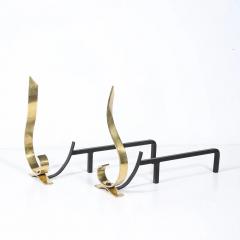 Pair of Mid Century Curvilinear Polished Brass Andirons with Gunmetal Fittings - 4720034