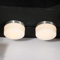 Pair of Mid Century Cylindrical Milk Glass Flush Mounts w Brushed Aluminum - 4489874