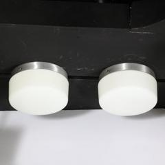 Pair of Mid Century Cylindrical Milk Glass Flush Mounts w Brushed Aluminum - 4489877